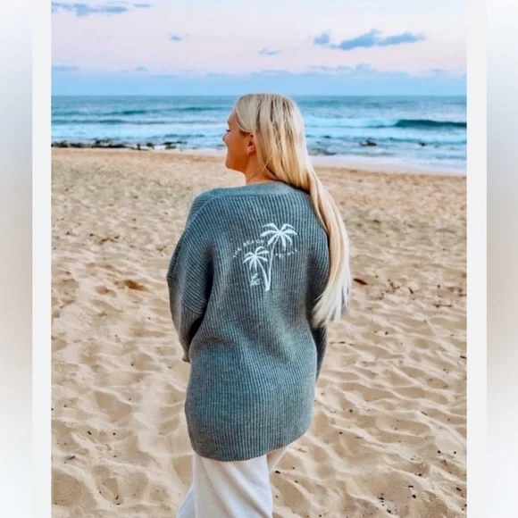 SOLD! THE BEACH PEOPLE Gray Twin Palms Chunky Knit Open Front Cardigan XL/2XL - Picture 13 of 16